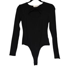 Rachel Parcell Goth Black Long-Sleeve Bodysuit w/ Front Cutout and Twist Detail
